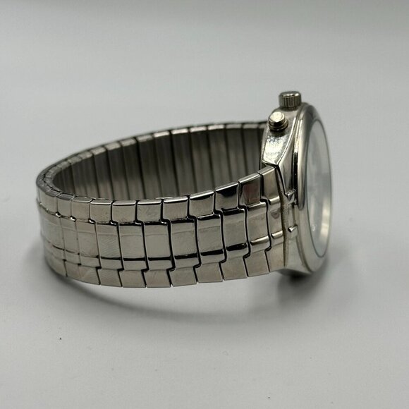 3/$30 Globlu Watch Men Silver White Dial Easy To Read Numbers Stretch Band 8" - Picture 8 of 12